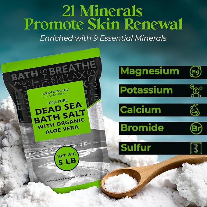 Aromasong Dead Sea Salt with Organic Aloe Vera, Spa Bath Salts, 5 Lbs Fine Bulk resealable Pack, 100% Pure & Natural, Soak for Women & Men for Tired Muscles & Skin Issues (Packaging May Vary)-BrightBean Baby