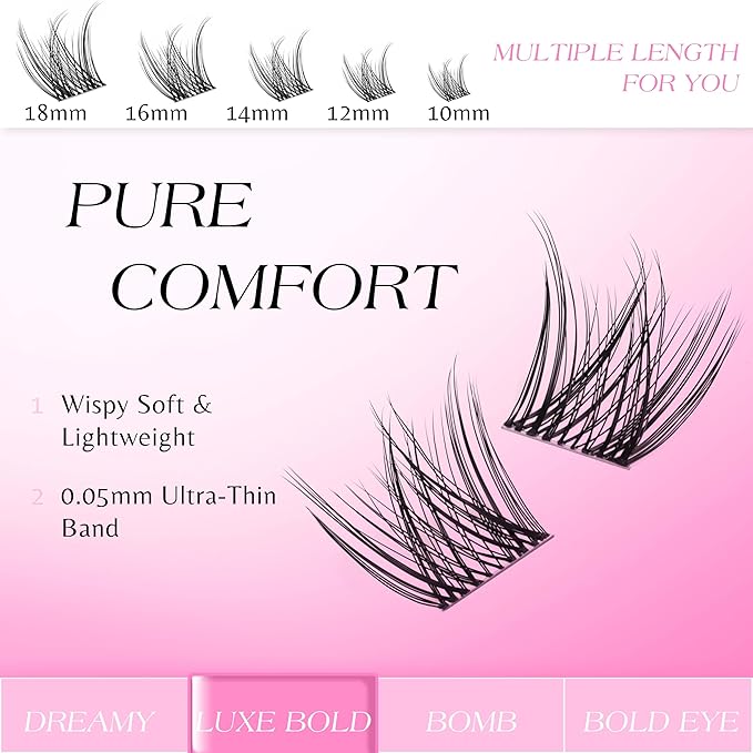 VEYESBEAUTY Lash Clusters Individual Eyelash Extensions Thin & Invisible Band DIY False Eyelashes for Self-application Newbie's Five-Second Series Wispy Lash Tray, LuxeBold 14mm Single Length-BrightBean Baby