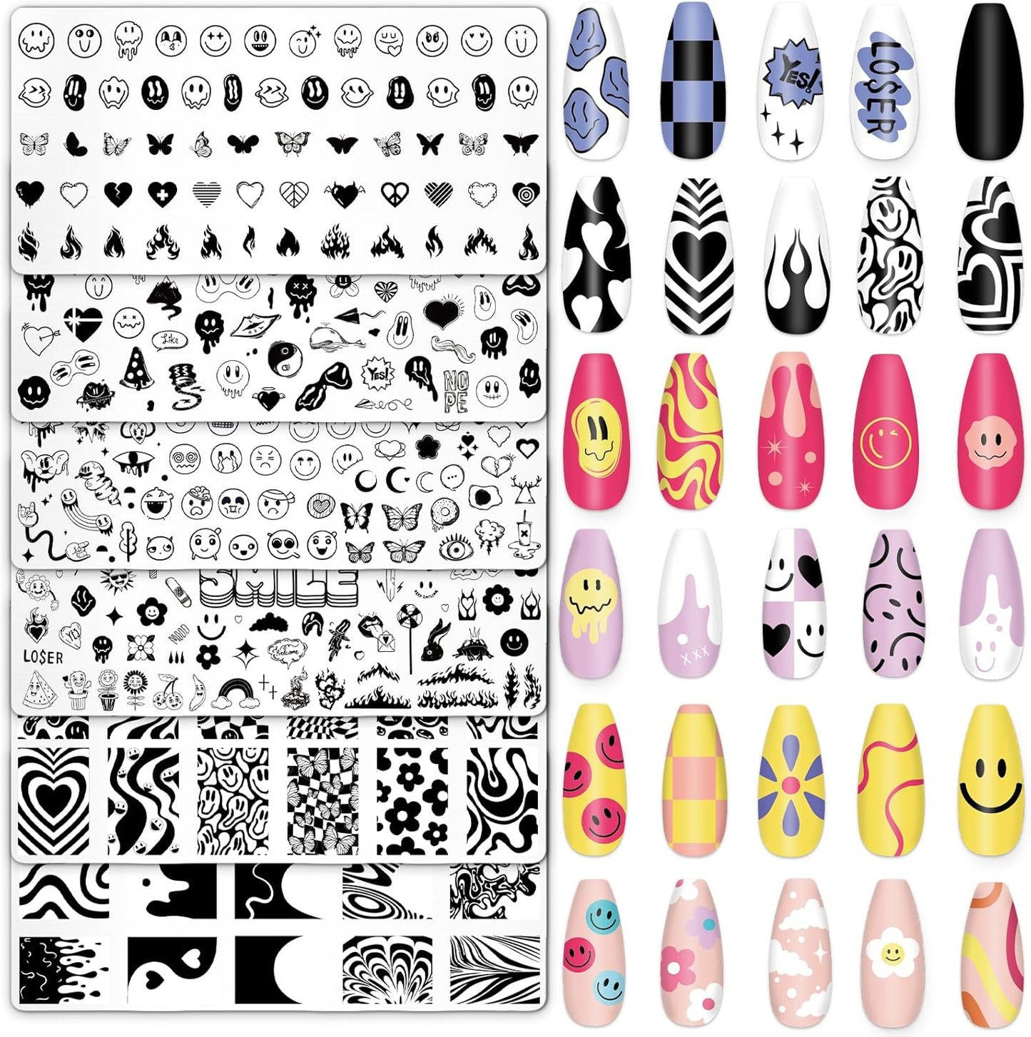 Whaline 6Pcs Smile Face Nail Plates Stamping Set Heart Butterfly Star Flower Smiling Stamp Templates Groovy Nail Art Plates for DIY Print Manicure Salon Design Gift Supplies-BrightBean Baby