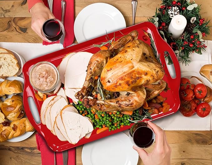 Extra Large Red/White Christmas Serving Tray with Handles, 19''x11.6'' Melamine Platters, Rectangular Trays for Serving Food, Turkey, Cookie, Cupcakes, Desserts, Dishwasher Safe, BPA-Free, Set of 2