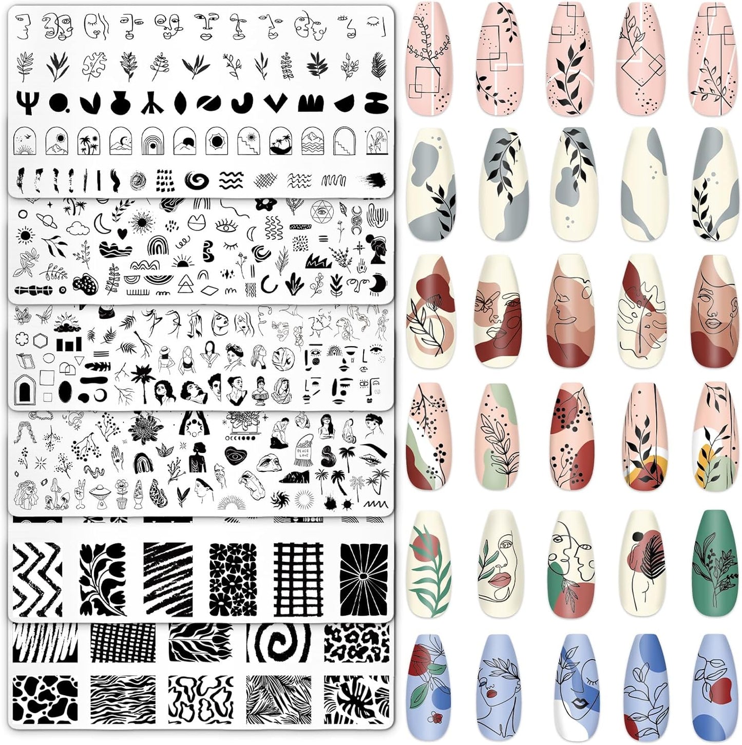 Whaline 6Pcs Abstract Lady Face Nail Plates Stamping Set Boho Plant Stamp Templates Nail Art Plates for DIY Print Manicure Salon Design Gift Supplies-BrightBean Baby