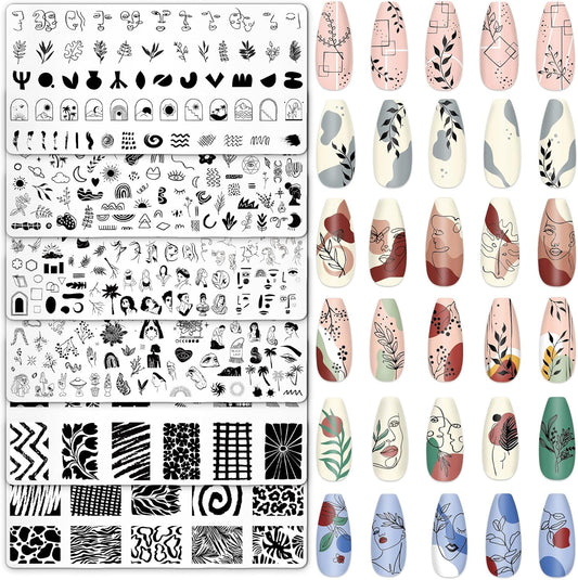 Whaline 6Pcs Abstract Lady Face Nail Plates Stamping Set Boho Plant Stamp Templates Nail Art Plates for DIY Print Manicure Salon Design Gift Supplies-BrightBean Baby