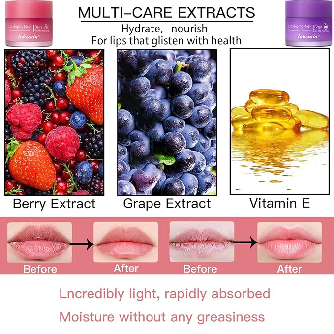 2PCS Lip Sleeping Mask, Lip Mask Overnight, Moisture & Lip Plumper Lip Wrinkles, Repair Lip Balm Prevention Dry and Cracked Lip Scrubs Exfoliato Smoothing Dry Lip Mask (Berry + Grape)-BrightBean Baby