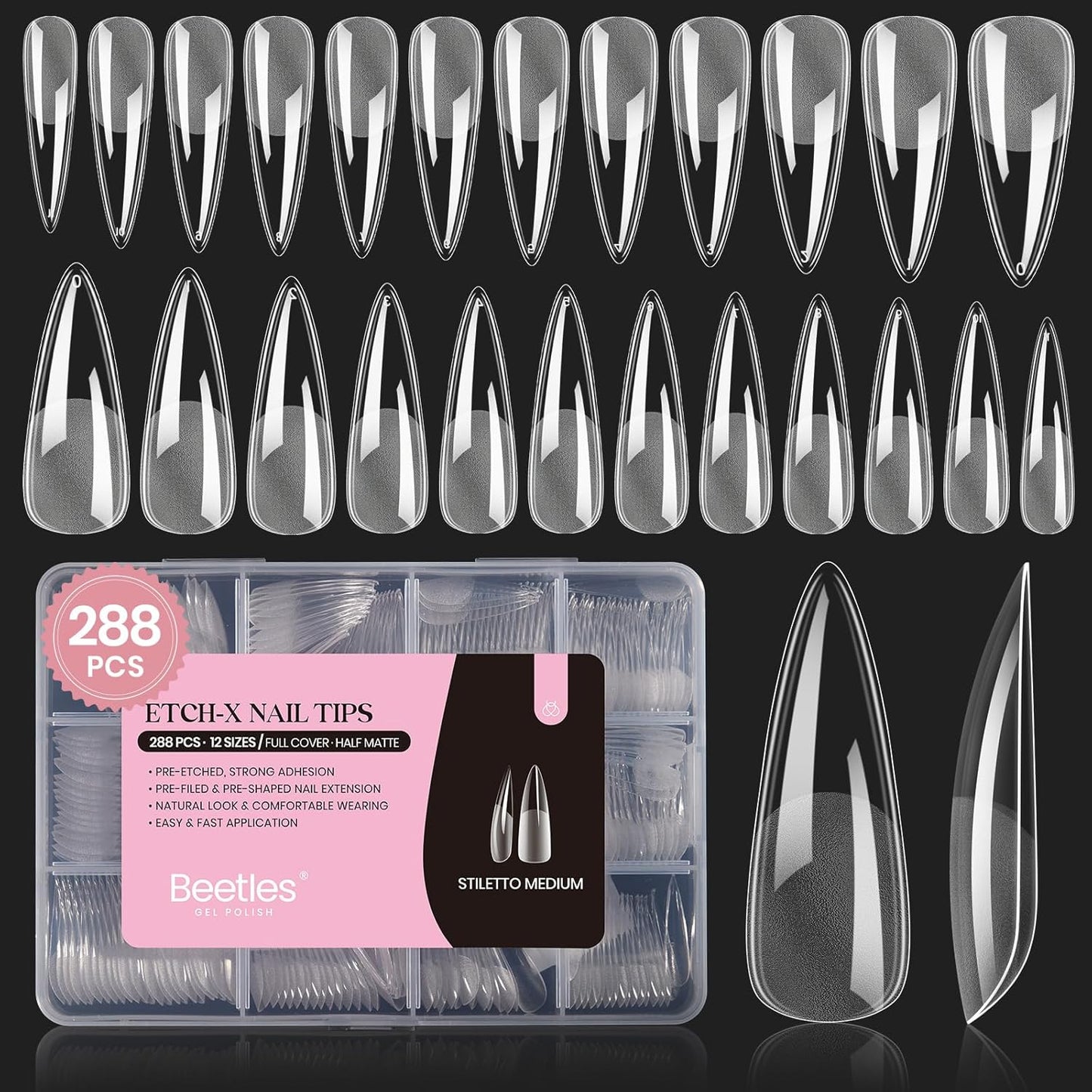 Beetles Gel Nail Tips Etch-X, Stiletto Medium, 288Pcs 12 Sizes, Pre-Etched Half Matte Full Cover Soft Acrylic False Nail Tips Pre-Shaped Easy DIY Fall Halloween Nail Extension Salon Gift for Women-BrightBean Baby