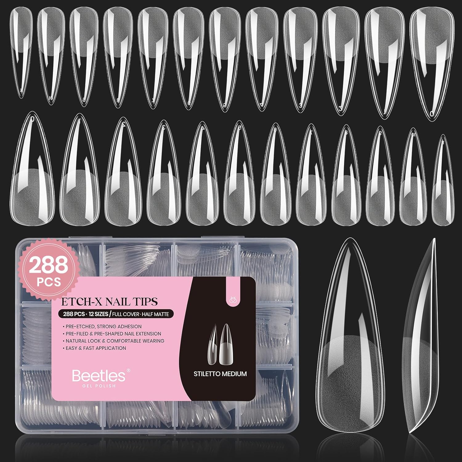 Beetles Gel Nail Tips Etch-X, Stiletto Medium, 288Pcs 12 Sizes, Pre-Etched Half Matte Full Cover Soft Acrylic False Nail Tips Pre-Shaped Easy DIY Fall Halloween Nail Extension Salon Gift for Women-BrightBean Baby