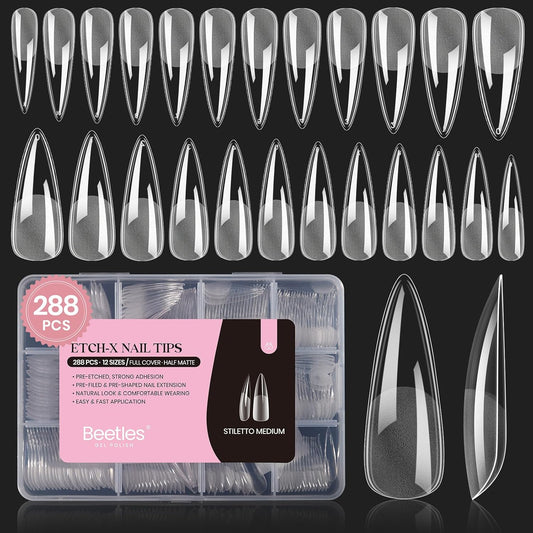 Beetles Gel Nail Tips Etch-X, Stiletto Medium, 288Pcs 12 Sizes, Pre-Etched Half Matte Full Cover Soft Acrylic False Nail Tips Pre-Shaped Easy DIY Fall Halloween Nail Extension Salon Gift for Women-BrightBean Baby