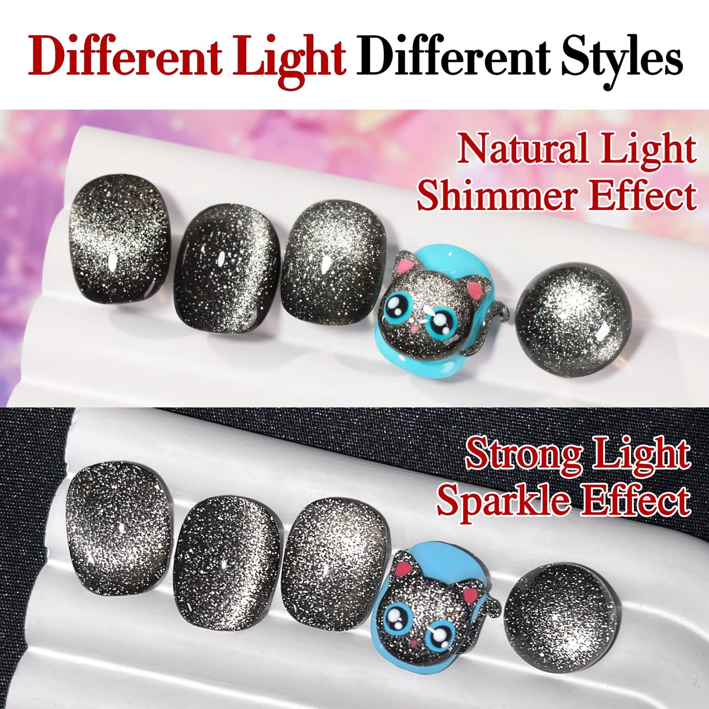 Double Rhythm Jelly Glass Cat Eye Gel Polish with Magnet 15ML Holographic Glitter Shimmer Translucent Sheer Color Magnetic Nail Polish Salon DIY at Home (Black Glitter-MC1061)-BrightBean Baby
