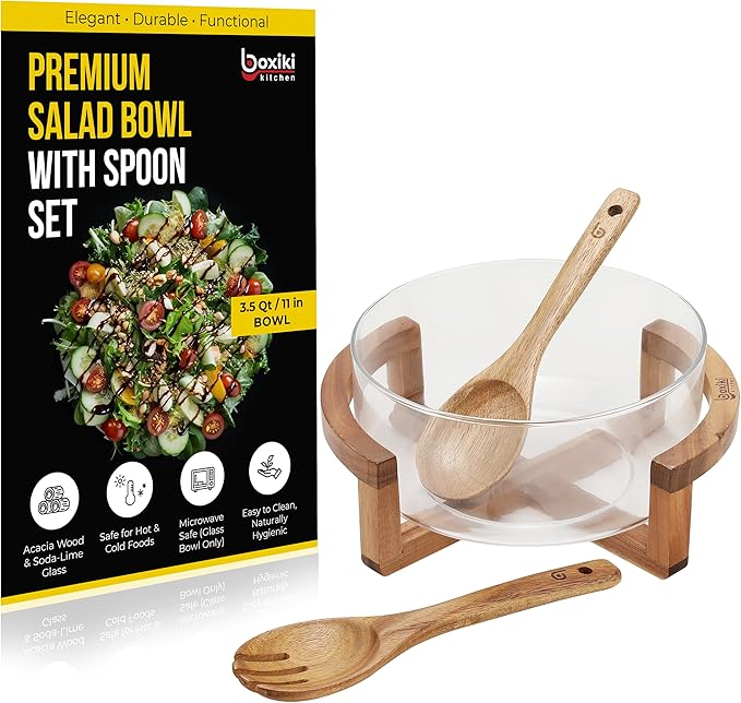 Large Glass Salad Bowl Set with Acacia Wood Serving Spoon & Fork – 11 Inch Salad Mixing & Serving Bowl for Pasta, Fruits, Veggies, Kitchen Tableware & Dinner Table Centerpiece