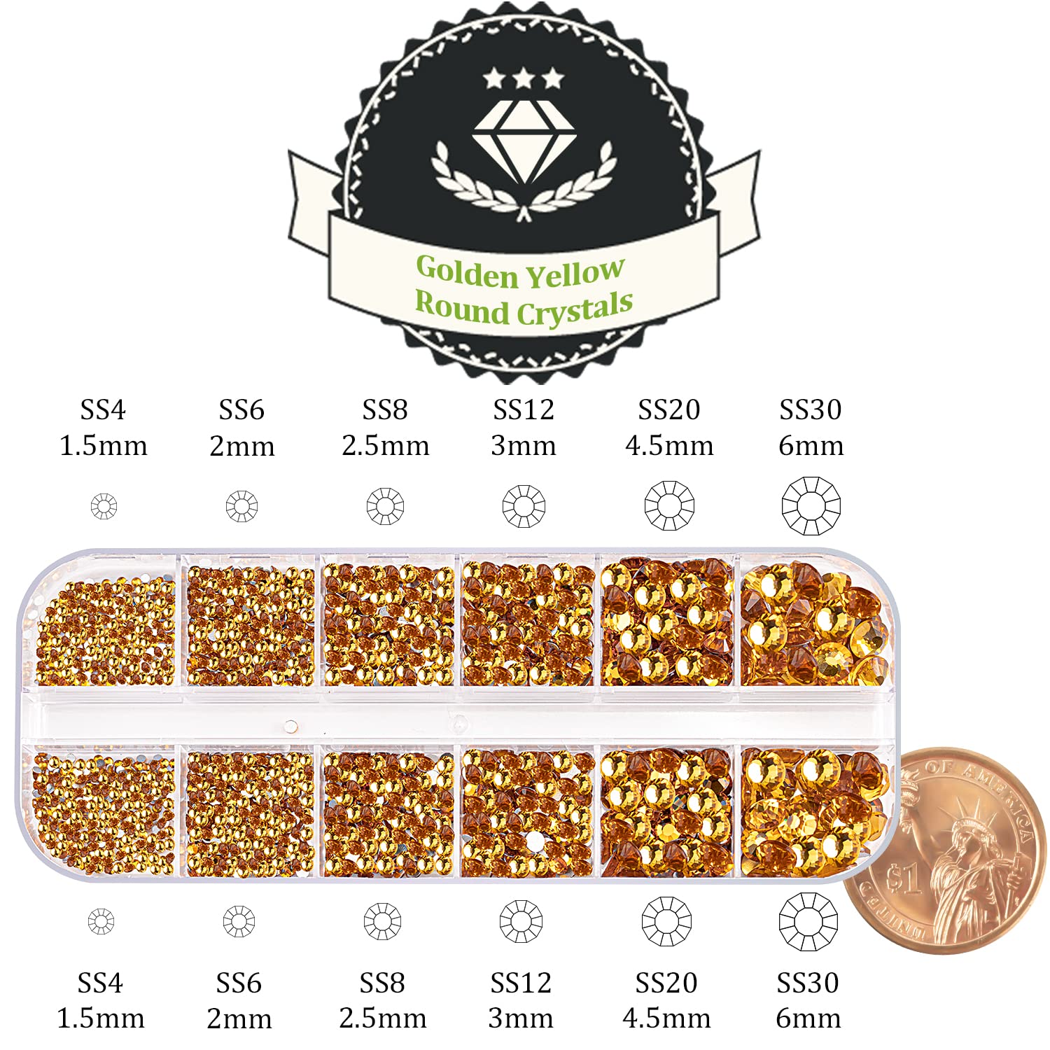 One Pack 2000 Pcs of Flatback Round Golden Yellow Rhinestones 6 Sizes (1.5-6 mm) with Nail Art Rhinestone Picker Pencil and Tweezer for DIY and Salon Use-BrightBean Baby