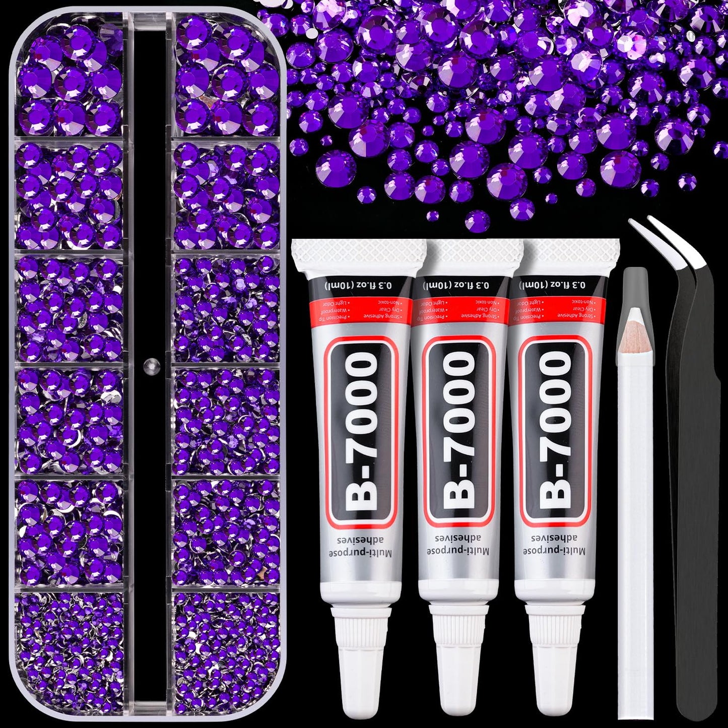 Resin Rhinestones for Crafting with B7000 Jewelry Glue, 1 Box Dark Violet Flatback Crystals with 3Pcs 10ml Glue for Bedazzling Crafts DIY Nail Art Makeup，Non Hotfix Gems for Clothing Shoes-BrightBean Baby