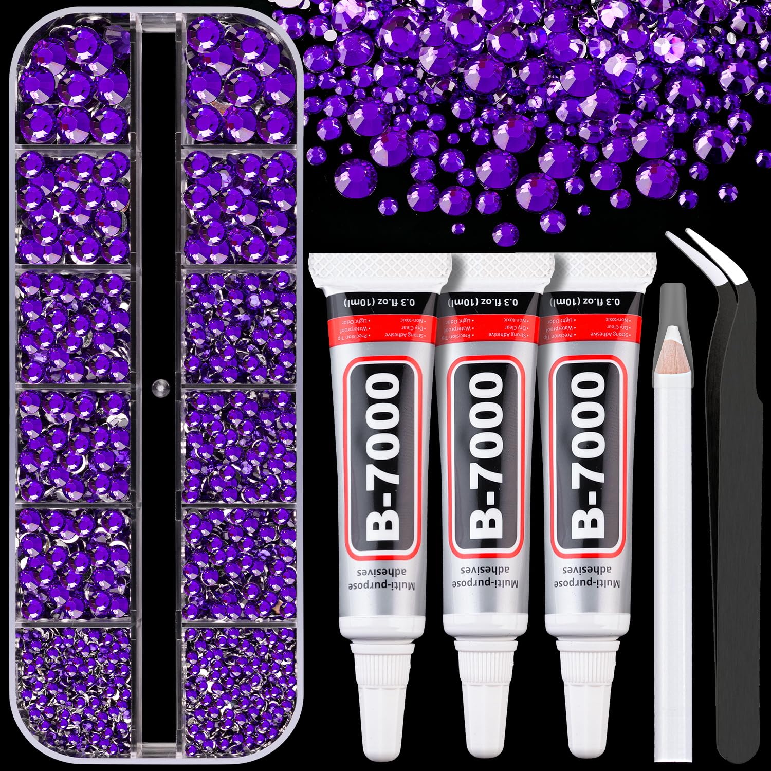 Resin Rhinestones for Crafting with B7000 Jewelry Glue, 1 Box Dark Violet Flatback Crystals with 3Pcs 10ml Glue for Bedazzling Crafts DIY Nail Art Makeup，Non Hotfix Gems for Clothing Shoes-BrightBean Baby