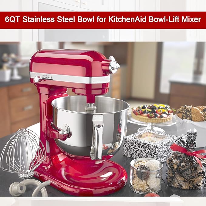 6QT Stainless Steel Mixer Bowl with Handle Compatible with KitchenAid Bowl Lift Stand Mixers KD2661, KL26M, KP26M1, KP26M8, KP26N9, KV25G, KV25M. Replacment for KitchenAid 6 Quart Mixing Bowl KN2B6PEH