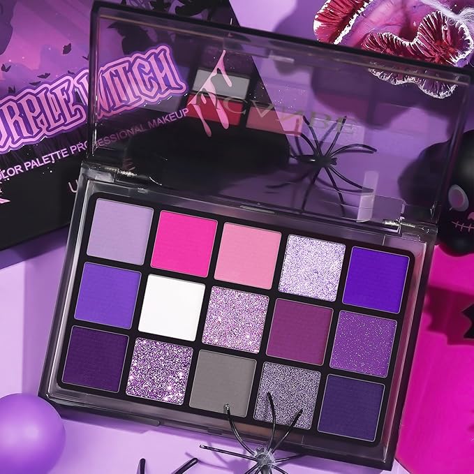 UCANBE Purple Eyeshadow Makeup Palette, 15 Colors Dark Smokey Shimmer Matte Metallic Glitter Eye Shadow Pallet, Violet Lavender Pink Make Up Kit for Cosplay Halloween Ursula Witch Costume Parties-BrightBean Baby