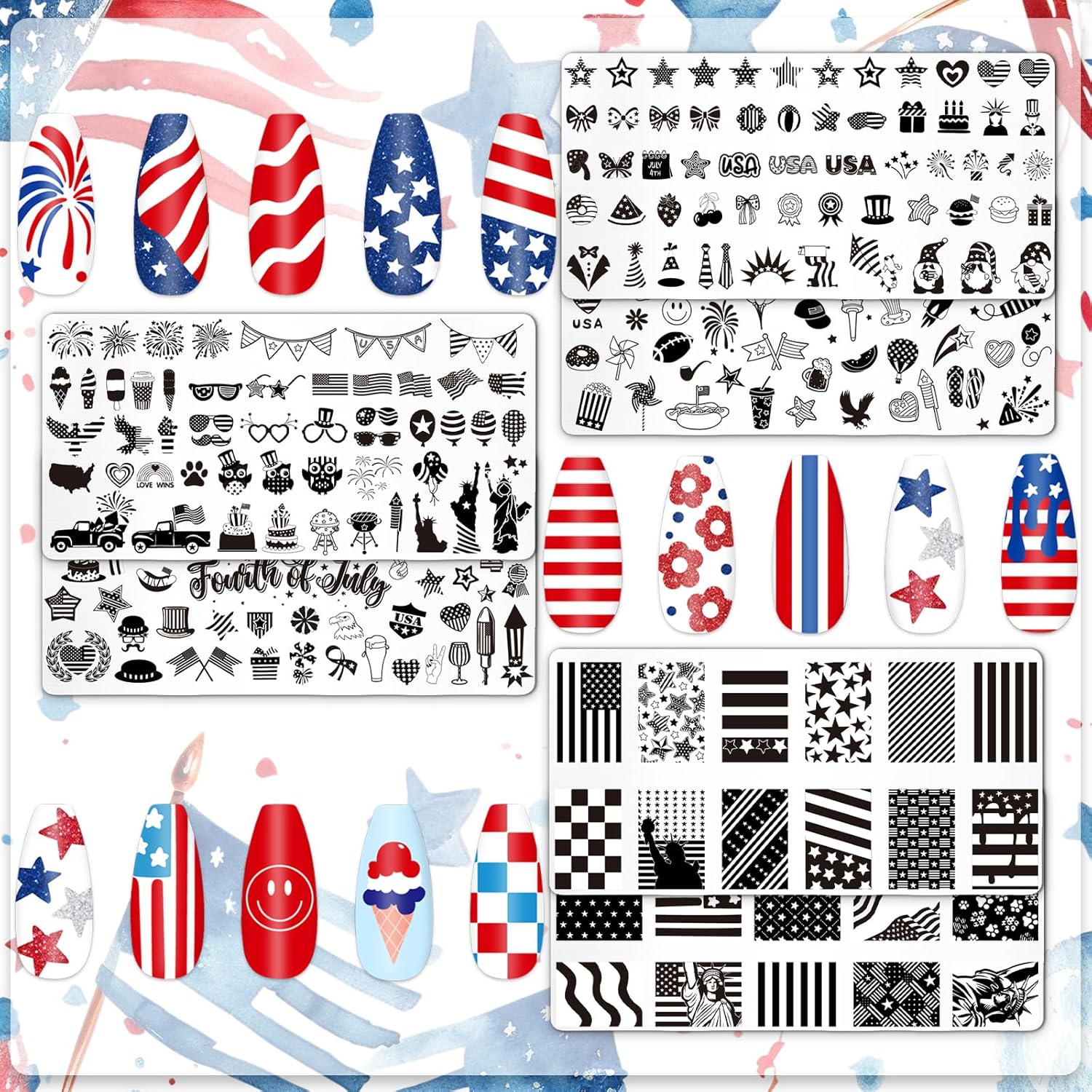 Whaline 6Pcs Patriotic Nail Plates Stamping Set USA Flag Star Stamp Templates 4th of July Nail Art Plates for Independence Day DIY Print Manicure Salon Design-BrightBean Baby