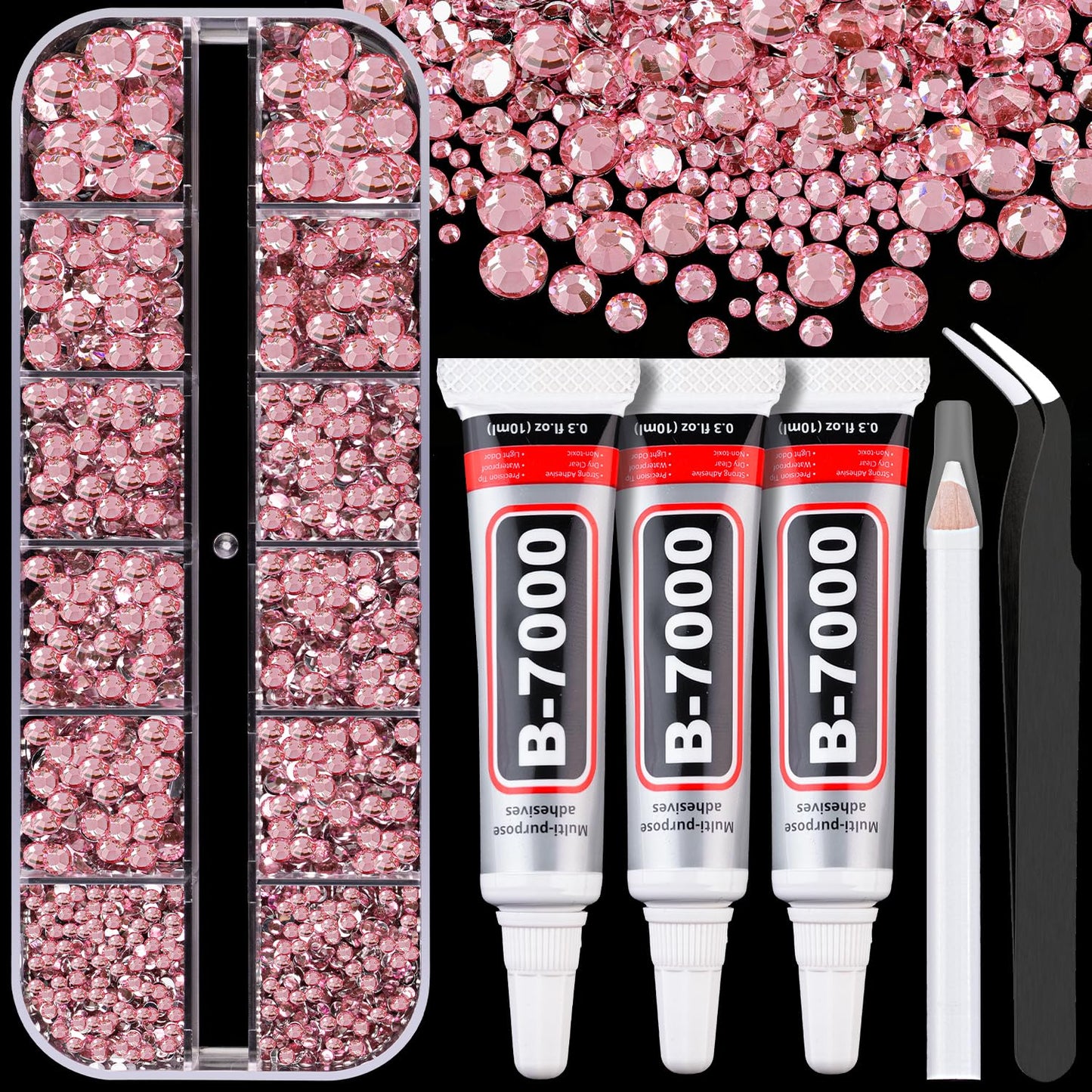 Resin Rhinestones for Crafting with B7000 Jewelry Glue, 1 Box Dark Pink Flatback Crystals with 3Pcs 10ml Glue for Bedazzling Crafts DIY Nail Art Makeup，Non Hotfix Gems for Clothing Shoes-BrightBean Baby