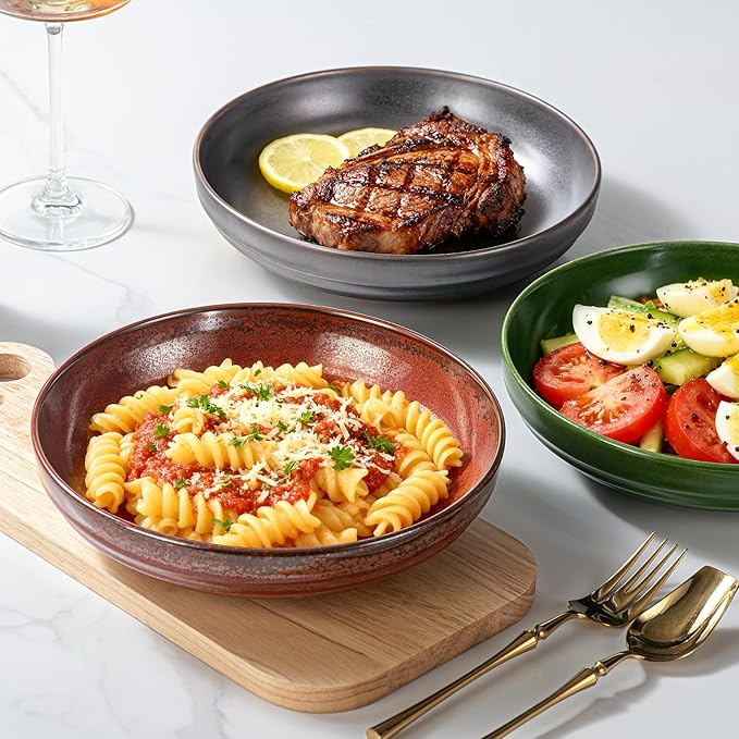 HAPPY KIT 9'' Large Pasta Bowls Stoneware Reactive Glaze, 42 Oz Large Salad Bowls Set of 4, Serving Bowls, Microwave Dishwasher Safe, Matte Black