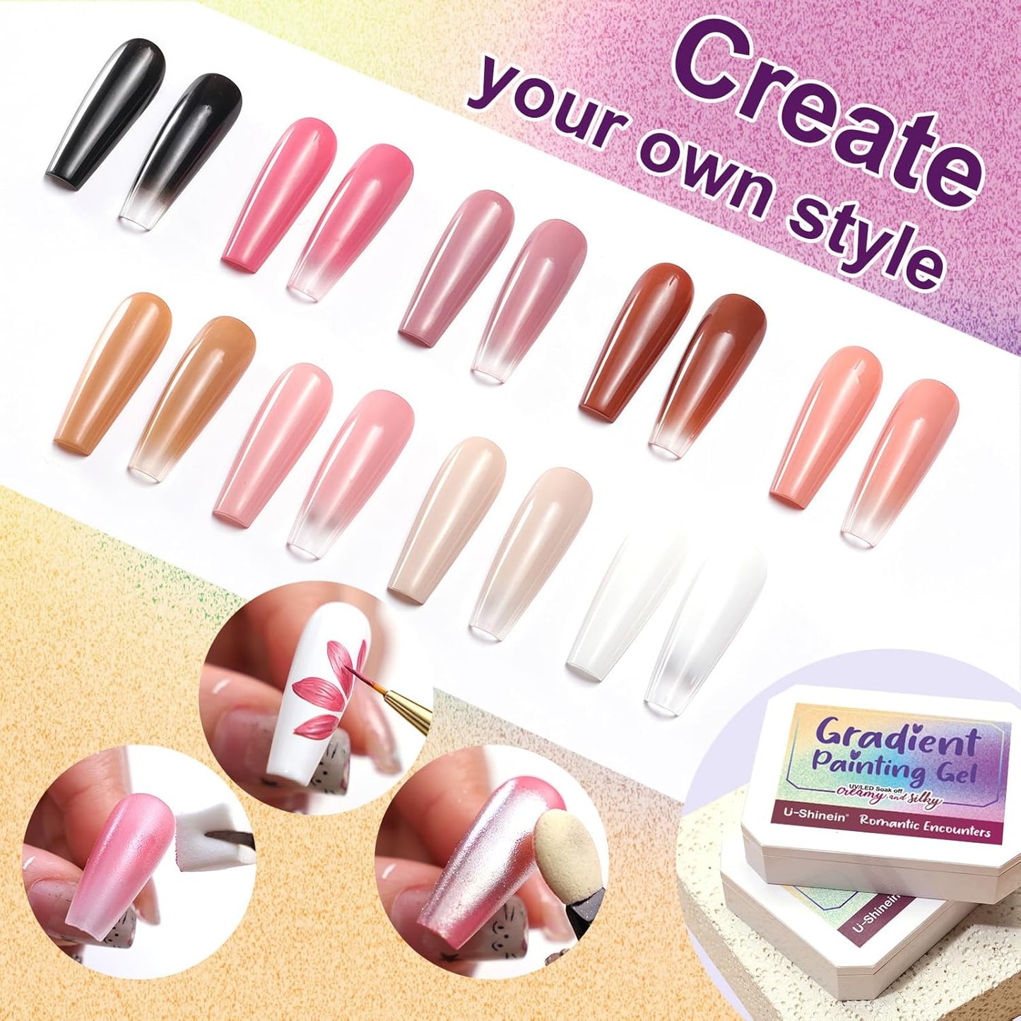 Gradient Painting Gel, 9 Colors Ombre Gel Nail Polish Nude Pink Almond Black&White for Pigment Pat Nails Nude Pink Almond Aura Nails, French Manicure DIY Nail Art Nude Rose Chroma-BrightBean Baby