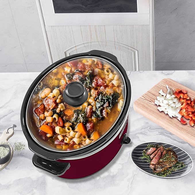 HOMECOOKIN 7 Quart Slow Cooker Oval Manual Pot Food Warmer with 3 Cooking Settings, Red Stainless Steel
