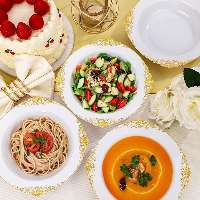 100PCS Gold Plastic Bowls - 12 oz White Disposable Salad Bowls - Heavy Duty Soup Serving Bowl - Fancy Plastic Ice Cream Bowl for Christmas,Thanksgiving Parties, Dinners, Catering, Picnics