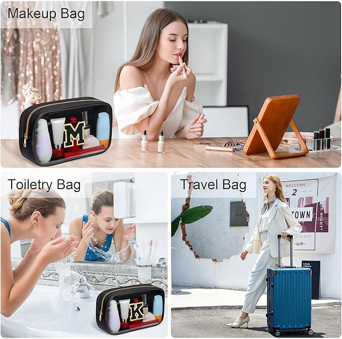 YOOLIFE Initial Make Up Bag Travel Toiletry Bag for Women, Clear Makeup Bag Organizer Cosmetic Bags Travel Essentials Gifts for Women Teen Girlfriend Teacher Mom Birthday Mothers Day Gifts Black I-BrightBean Baby