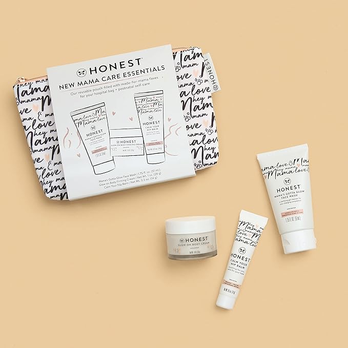 The Honest Company New Mama Care Essentials Gift Set | Hospital Bag Must Haves | Travel Size Nip Balm (0.5 oz), Glow On Body Cream (1 oz), Gotta Glow Face Wash (1.75 fl oz), Reusable Pouch-BrightBean Baby