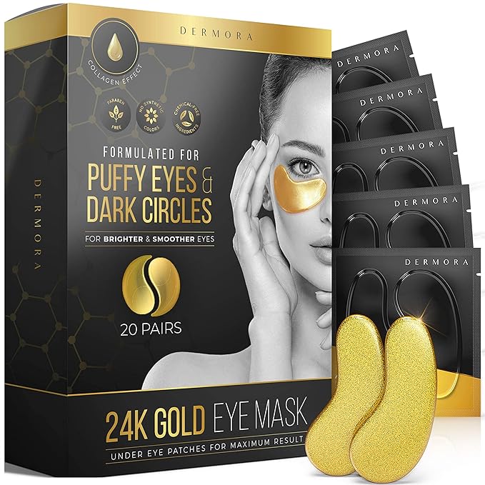 DERMORA Skin Treatment Mask 24K Gold Eye Mask - 20 Pairs Eye Gels - Rejuvenating Treatment for Dark Cirlce,Puffiness,Refresh,Revitalizing,Travel,Wrinkles-BrightBean Baby