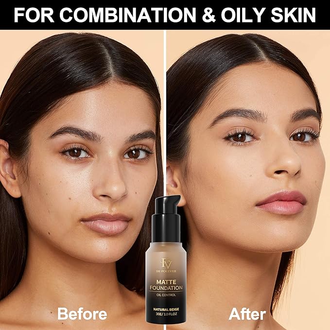 FV Full Coverage Liquid Foundation, Lightweight & Concealing, Long Lasting Matte Foundation Makeup with Flawless Finish, Oil Control Waterproof Foundation for Oily Skin (Natural Beige Matte)-BrightBean Baby