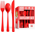 Party Solids Red Plastic Silverware Heavy Duty 300 Pieces Red Plastic Cutlery Sets, Utensil Sets, 100 Of Each Forks, Knives & Spoons Disposable Cutlery Set, Flatware Set For Party Supplies