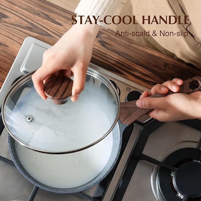 SENSARTE Nonstick Sauce Pan Set with Lid - Swiss Granite Coating 1.5 + 2.5 QT Induction Compatible