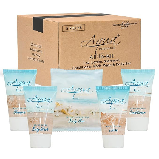 | Aqua Organics Hotel Soaps and Toiletries Bulk Set | Amenities for Hotels & Airbnb | 1oz Hotel Shampoo & Conditioner, Body Wash, Body Lotion & 1oz Bar Soap Travel Size | 5 Pieces-BrightBean Baby