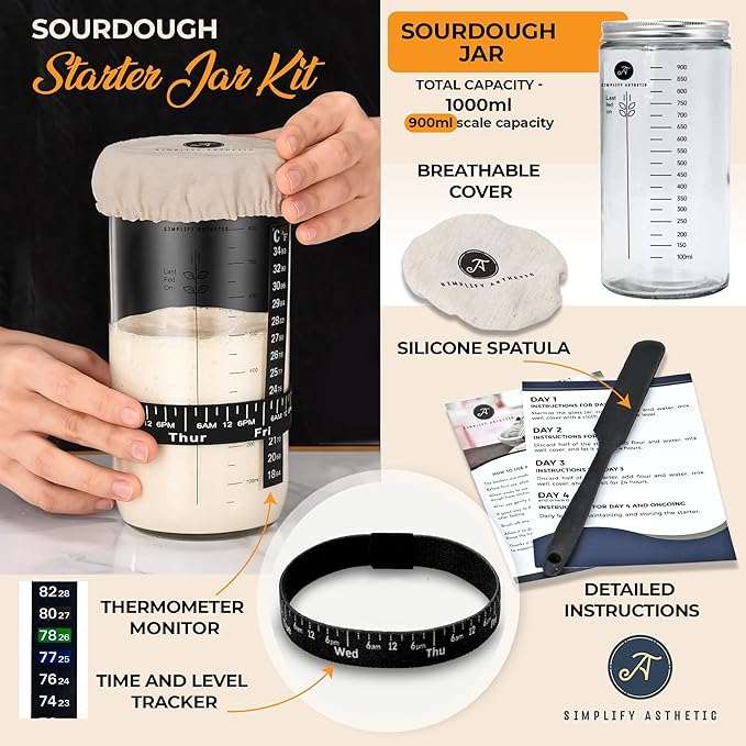 Premium Banneton Bread Proofing Baskets - A Complete Sourdogh Bread Baking Kit - Sourdough Starter Jar Kit 1000ml, Round and Oval Slings
