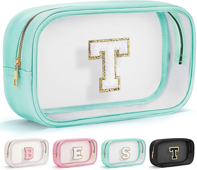 YOOLIFE Initial Make Up Bag Travel Toiletry Bag, Clear Makeup Bag Preppy Cosmetic Bags Organizer Travel Essentials Gifts for Women Teen Girlfriend Teacher Mom Birthday 12 Year Old Girl Gifts Blue T-BrightBean Baby