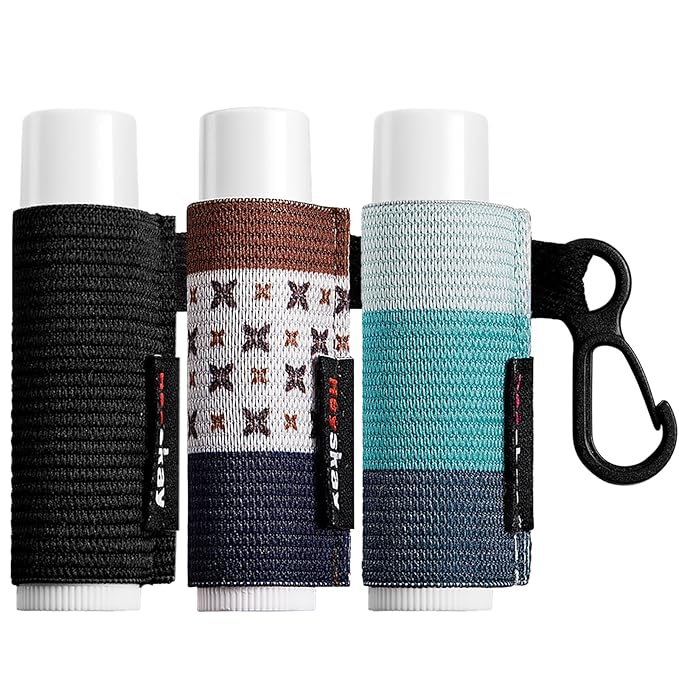3PCS Lip Balm Holder Sleeves Chapstick Holder Keychain Lip Gloss Holder Keychain Elastic Sleeves (Black/light blue strip/dark blue strip)-BrightBean Baby