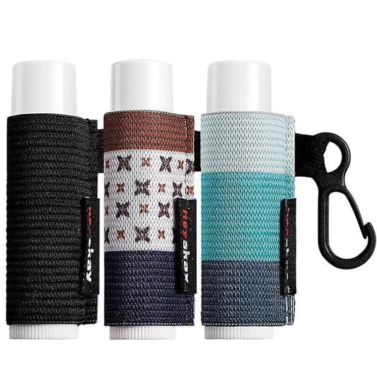 3PCS Lip Balm Holder Sleeves Chapstick Holder Keychain Lip Gloss Holder Keychain Elastic Sleeves (Black/light blue strip/dark blue strip)-BrightBean Baby