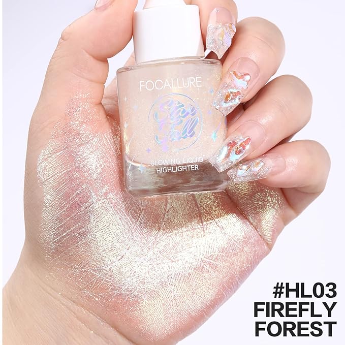 FOCALLURE Starfall Glowing Liquid Highlighter, Shimmering Body Oil, Non-Sticky Shimmer Liquid Luminizer, Non-Greasy, Face & Body Glitter Makeup for Costumes, Cosplay, Rave Festival, FIRELY FOREST-BrightBean Baby
