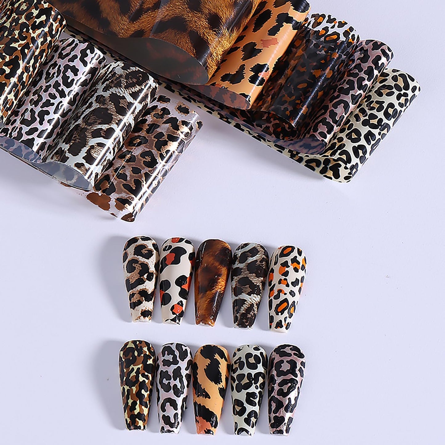 10 Rolls Leopard Print Nail Foil Transfer Stickers Autumn Winter Nails Decoration Self Adhesive Leopard Nail Foils Transfer Nail Art Animal Print Nails Supplies for Women DIY Manicure Accessories-BrightBean Baby
