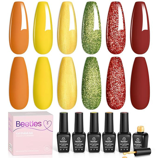 Beetles Fall Gel Nail Polish Set, 6Pcs Yellow Orange Burgundy Red Green Gel Polish Golden Glitter Nails Kit Autumn Realm Collection DIY Nail Art Gifts for Women-BrightBean Baby