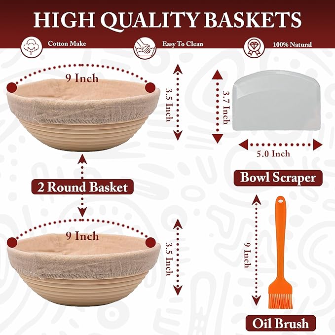 Banneton Bread Proofing Baskets - 2 Pcs 9 Inch Round Bread Proofing Baskets with liner, Plastic Scraper & Oil Brush | Ideal Gift for Bakers