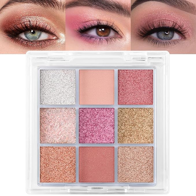 Erinde 9 Colors Eyeshadow Palette, Matte Shimmer Glitter Eye Shadow Palette Makeup, Highly Pigmented Long Lasting Waterproof, Natural Neutral Nude Eyeshadow Makeup Pallet, Sunset Glow-BrightBean Baby