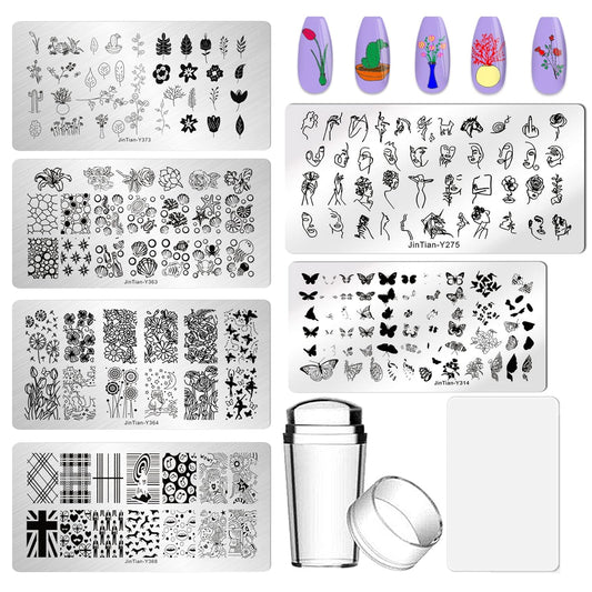 AddFavor Nail Stamper Kit - 6pcs Flower Lace Vine Stamping Plates with Silicone Stamper, Scraper & DIY Manicure Stencils-BrightBean Baby