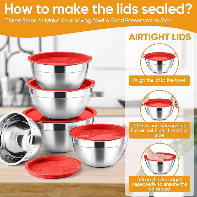 Herogo 5-Piece Mixing Bowls with Airtight Lids, 3 Grater Attachments, Stainless Steel Salad Serving Bowls for Kitchen, Size 4.6, 3.5, 2.5, 2, 1.5QT Ideal for Prepping & Cooking, Red