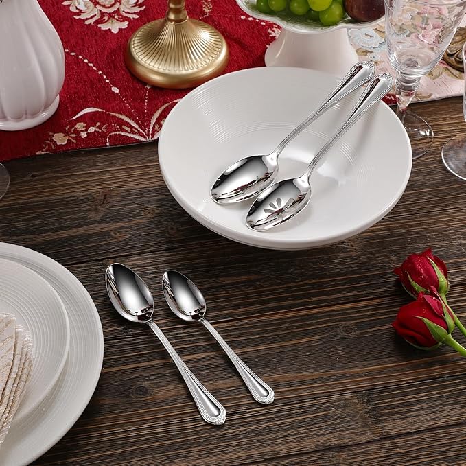 KEAWELL Pearl Edge 4-Piece Premium Spoon Set, 18/10 Stainless Steel, Fine Silverware Spoons with Refined Bead Design, Brightly Polished, Dishwasher Safe (Silver, 9" Serving Spoons)