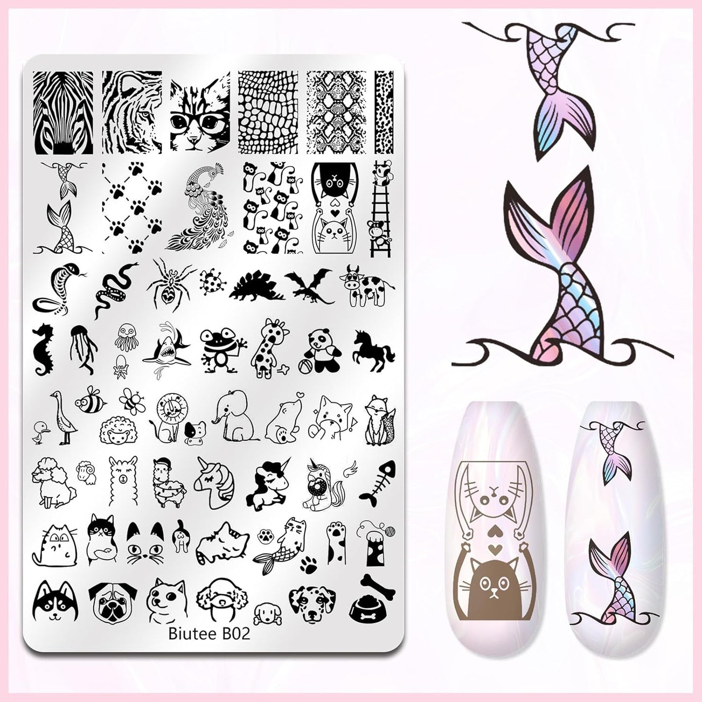 Biutee 4PCS Nail Stamping Plates Set, Includes Nail Art Stamper & Scraper - French Line Lace, Space, Animal, Flower, Leaf Designs - Large Nail Art Stencils Templates for DIY Manicure-BrightBean Baby