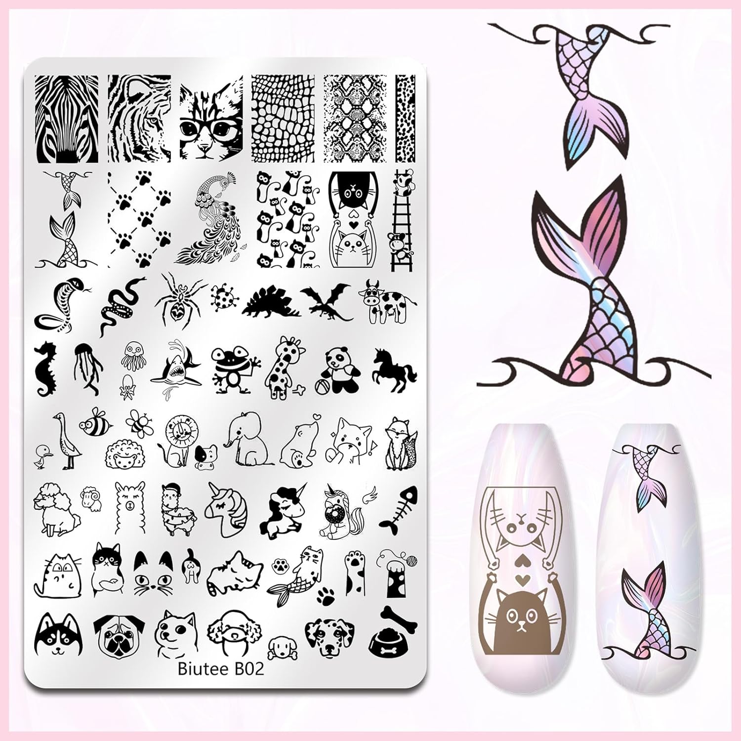 Biutee 4PCS Nail Stamping Plates Set, Includes Nail Art Stamper & Scraper - French Line Lace, Space, Animal, Flower, Leaf Designs - Large Nail Art Stencils Templates for DIY Manicure-BrightBean Baby