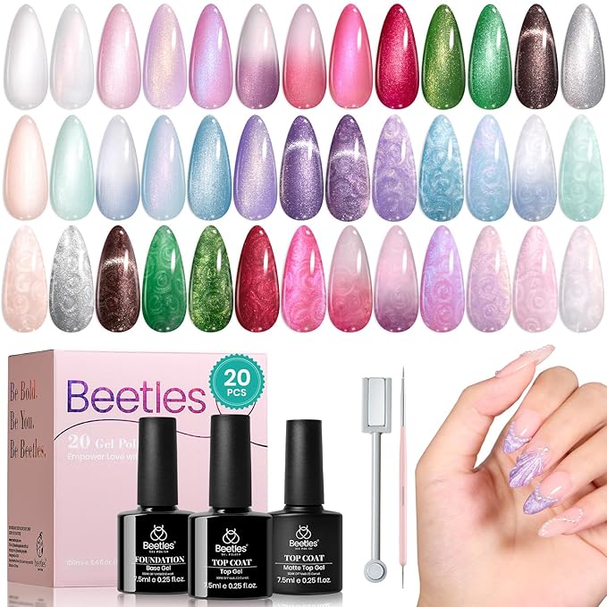 Beetles Pearl Gel Nail Polish Set - Ocean Treasures Gel Polish, 20 Colors Glitter Cat Eye Pink Red Mermaid Swirl Thread Effect Soak off Nail Gel for DIY Manicure Gift for Women-BrightBean Baby