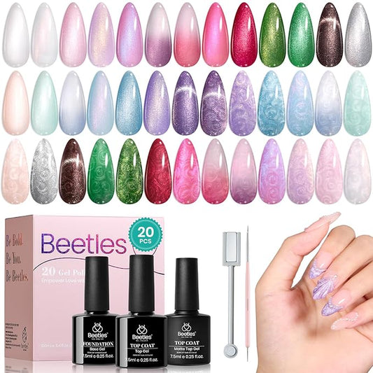 Beetles Pearl Gel Nail Polish Set - Ocean Treasures Gel Polish, 20 Colors Glitter Cat Eye Pink Red Mermaid Swirl Thread Effect Soak off Nail Gel for DIY Manicure Gift for Women-BrightBean Baby