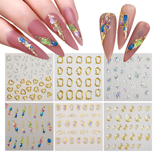 SILPECWEE 6 Sheets 5D Gold Embossed Nail Art Stickers Gem Crystal Irregular Geometric Frames Nail Stickers Designs Hollow Nail Decals Self Adhesive DIY Acrylic Nails Accessories-BrightBean Baby