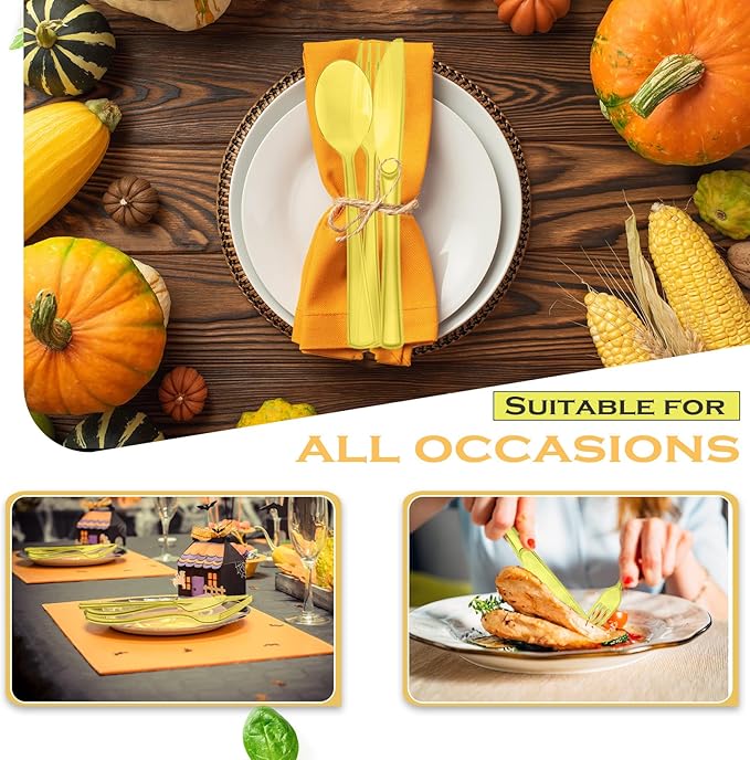 Minatee 150 Pieces Disposable Cutlery Set Plastic Silverware Heavy Duty Utensil Sets 50 Forks 50 Knives 50 Spoons for Home Office School Party Picnics Restaurant Outdoor Events(Yellow)