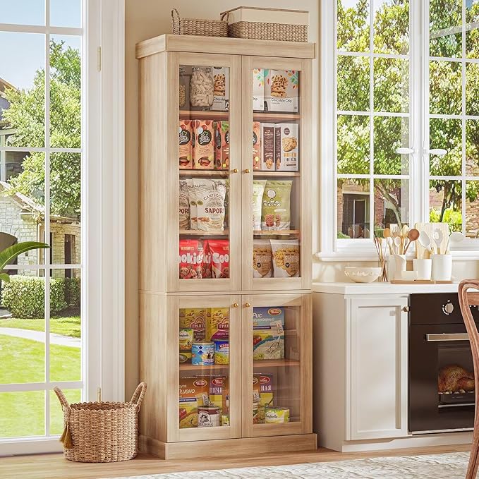 70.8" Tall Brown Bookshelf with Glass Doors, Farmhouse Modular Bookcase with 6-Tier Adjustable Shelves, Large Storage Cabinet for Home Office, Living Room