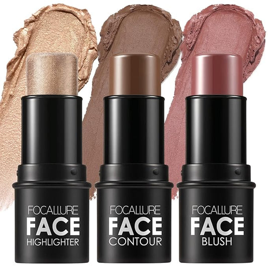 FOCALLURE 3 Pcs Cream Contour Sticks,Shades with Highlighter & Bronzer & Blush,Non-greasy Long-wear Face Contouring Pen,Easy to Sculpt the Face and Create a Lightweight Finishing Makeup,MEDIUM-DEEP-BrightBean Baby